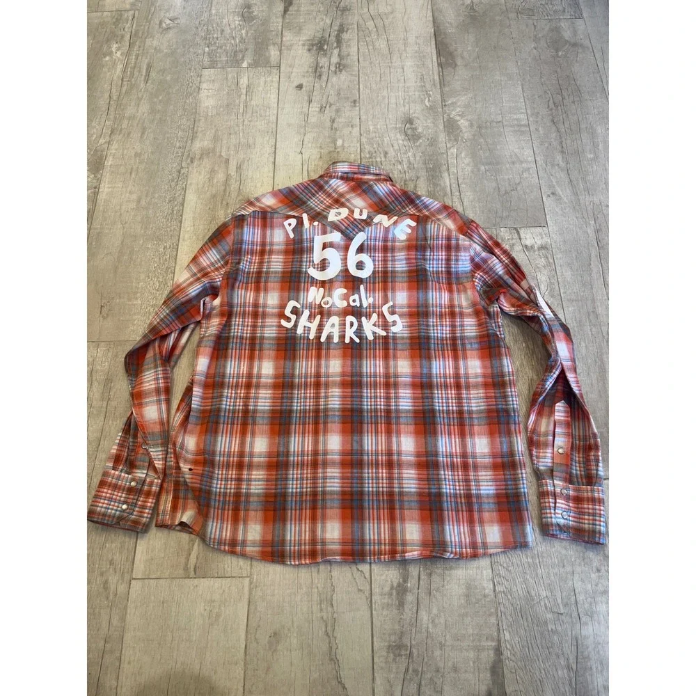 True Religion Mens 3XL‎ Western Pearl Snap Plaid Shirt Orange Blue NoCal Sharks